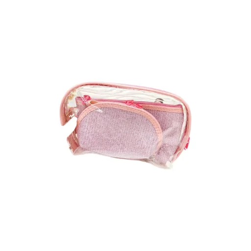 پک کیف آرایش 3 تایی طلقی شاین‌دار صورتی